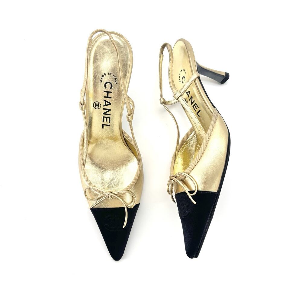 Vintage Chanel CC Logo Bow Cap Toe Slingback Pumps 37 - Picture 3 of 9